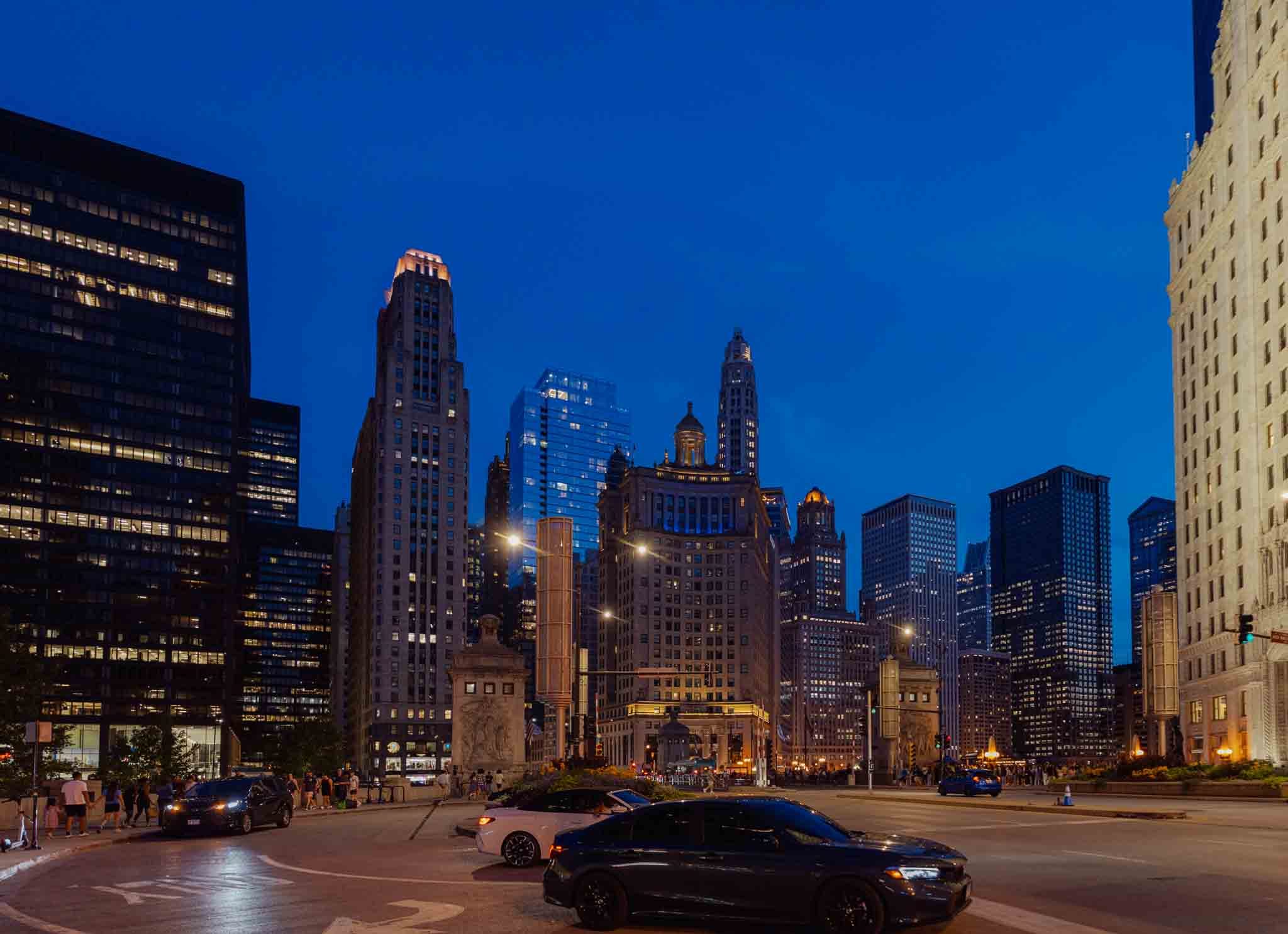 Michigan Avenue and the Wrigley Building at blue hour