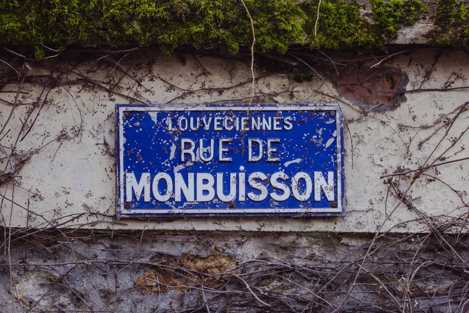 Blue enamel street sign reading Louveciennes, Rue de Monbuisson, on an old wall