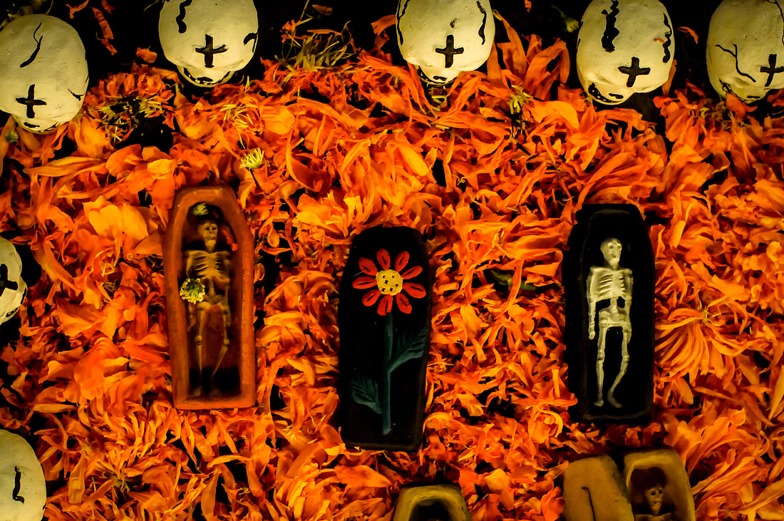 Marigolds and cempasúchil flowers covering graves at Panteón General, Oaxaca