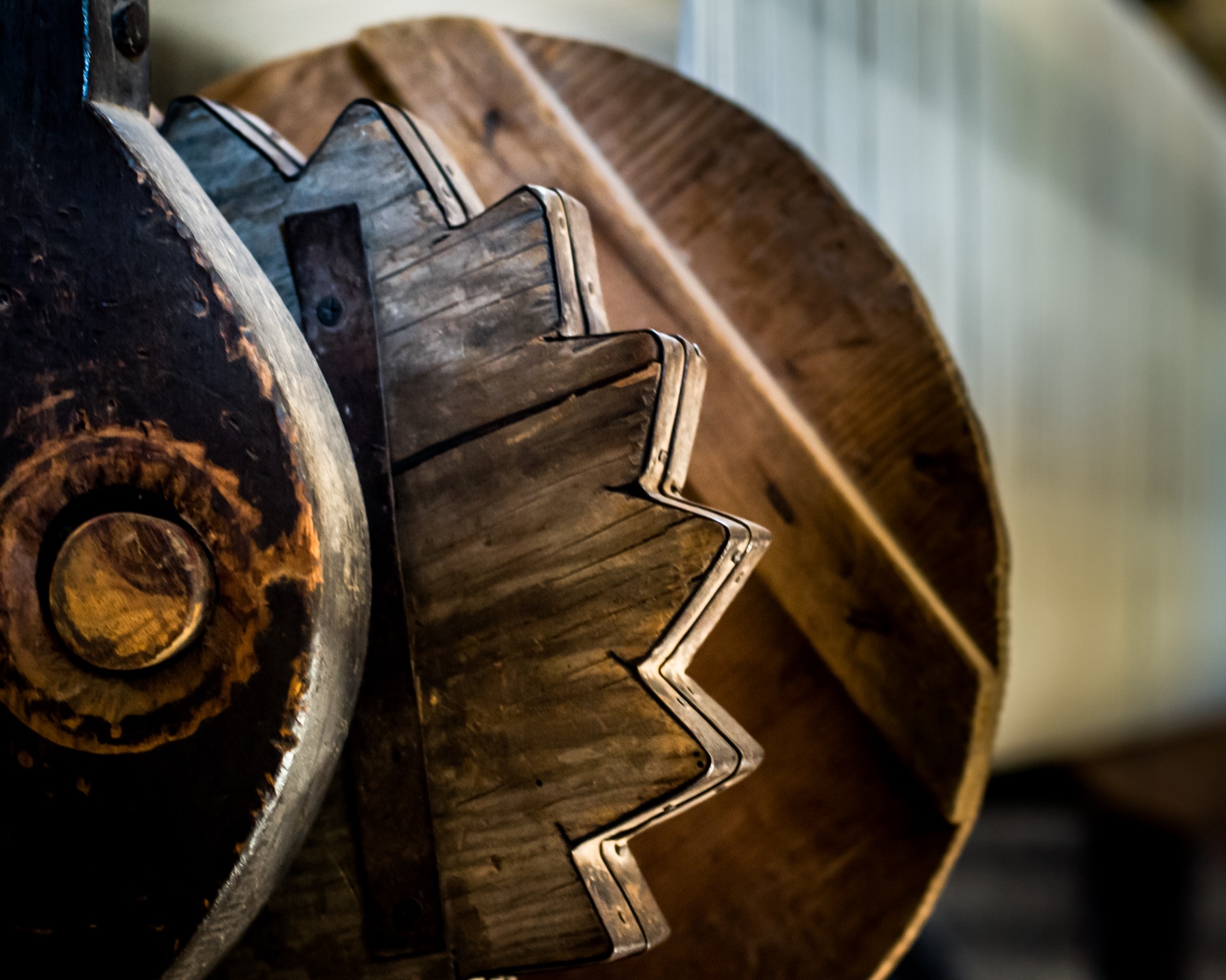 Detail of a wooden spinning wheel used in traditional Oaxacan weaving