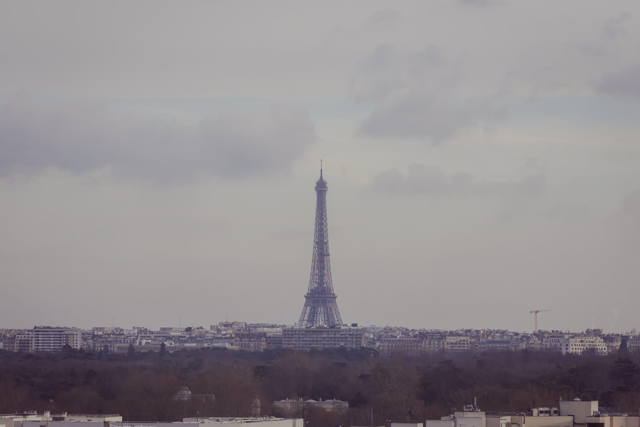 The Eiffel Tower small on the horizon above Paris rooftops