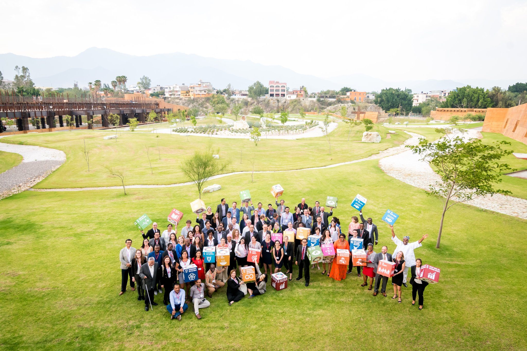 Drone group photo of conference guests