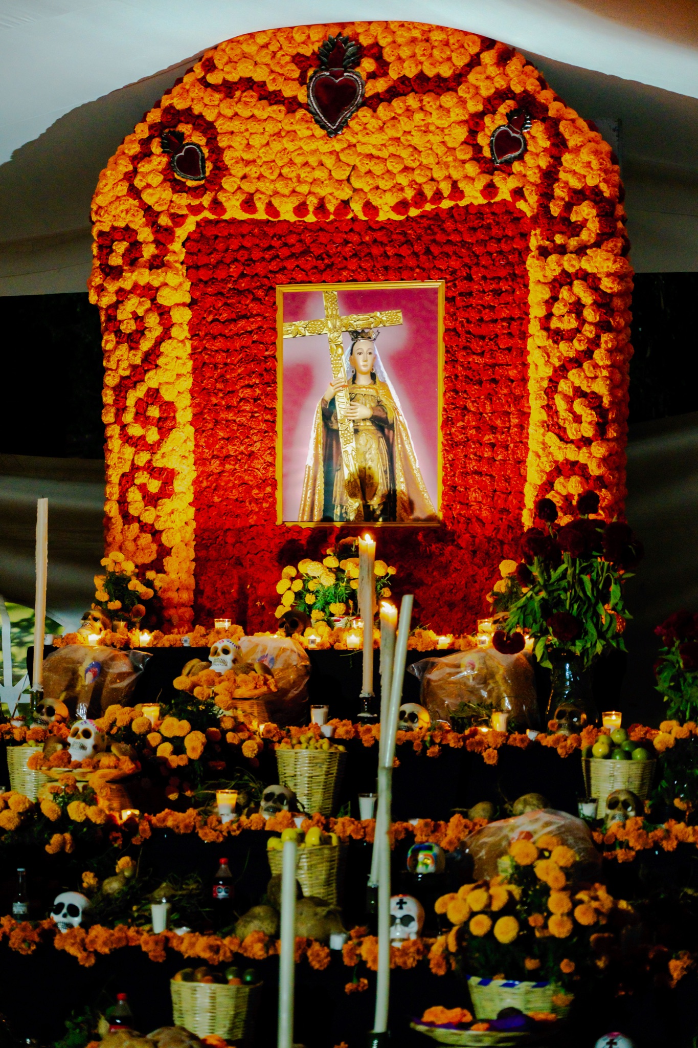 A Día de Muertos altar with an arch of marigolds around an image of the Virgin