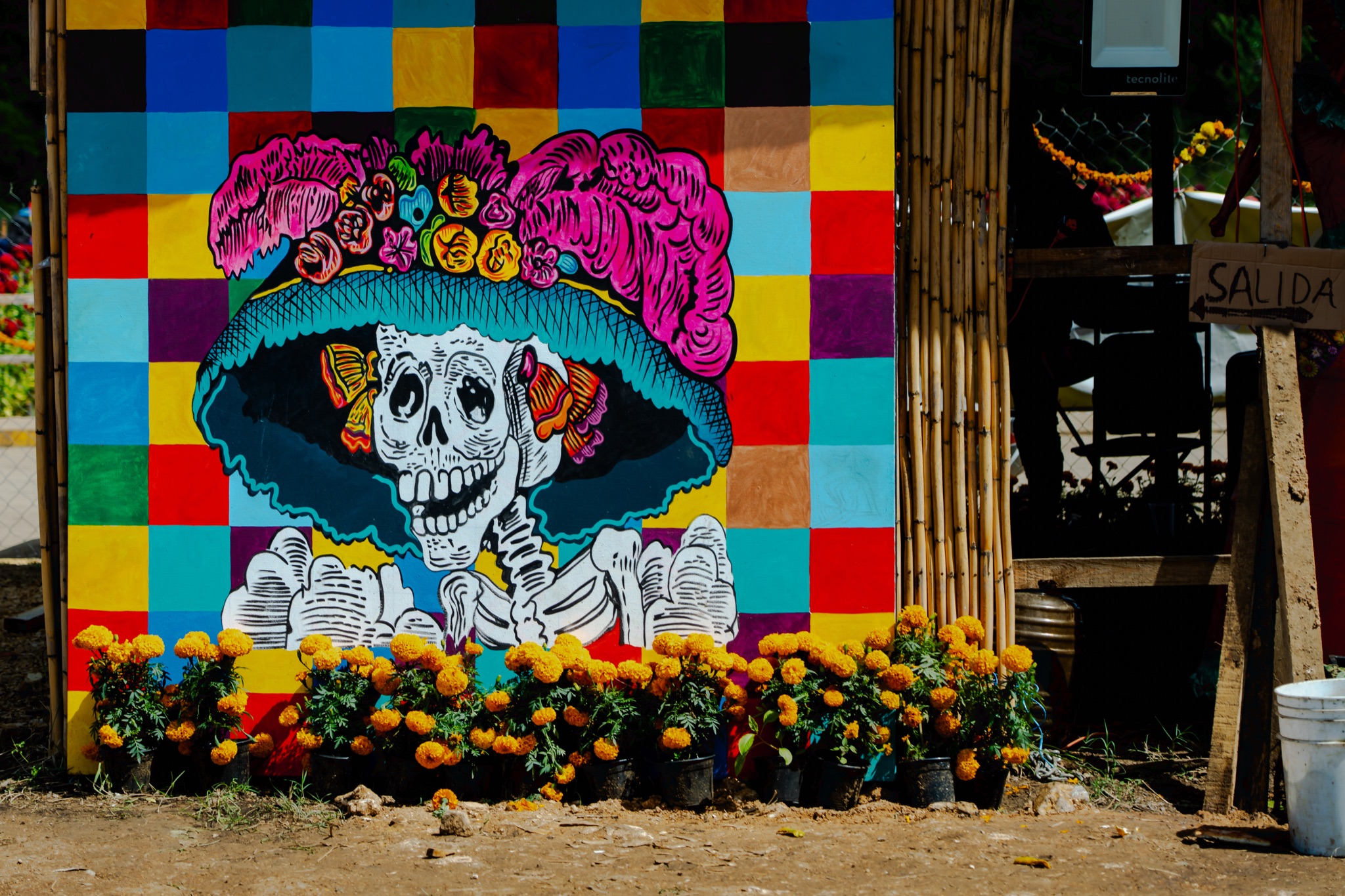 A mural of a catrina on colored squares, with marigolds below
