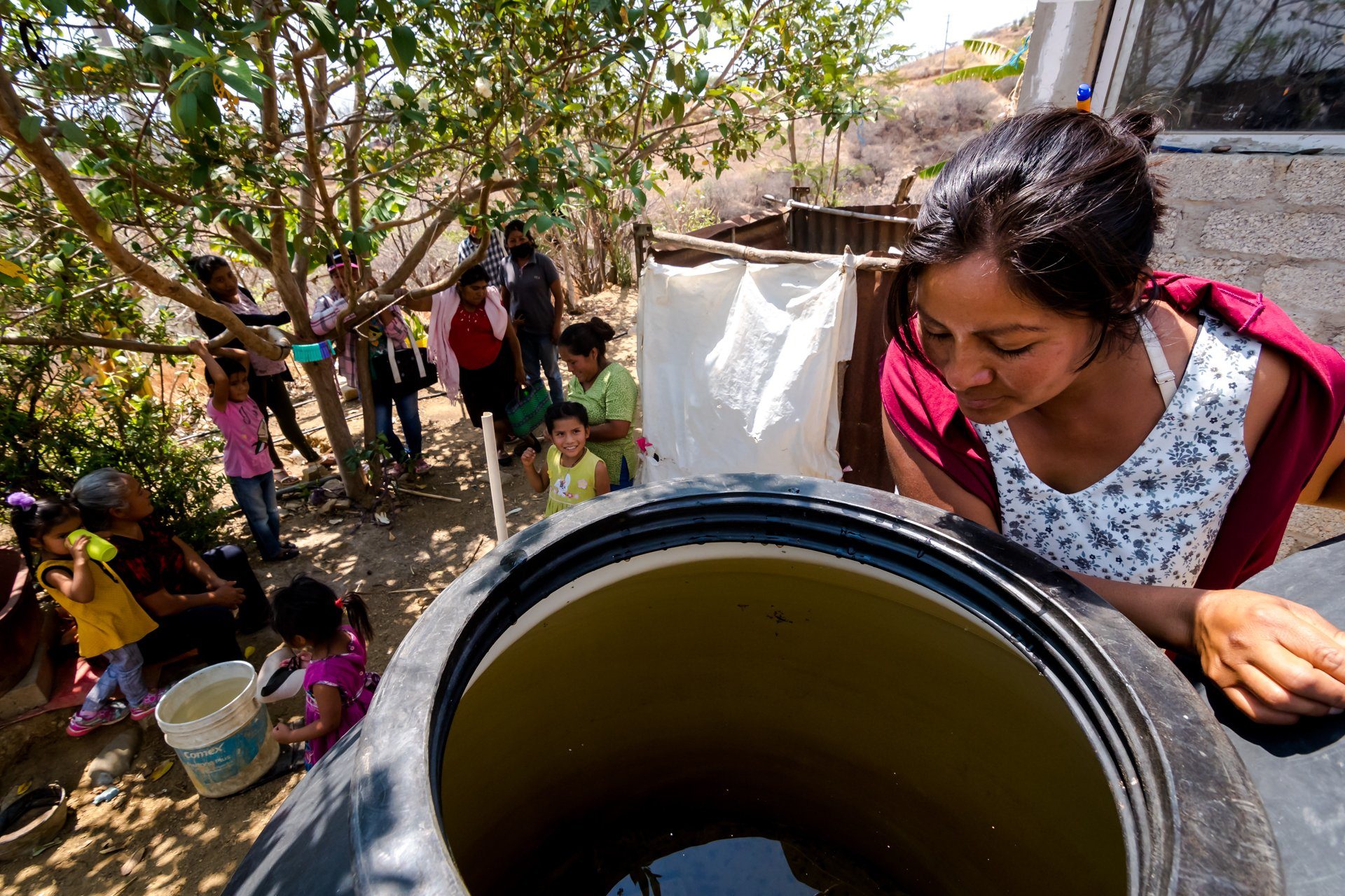 A woman looking into a water tank